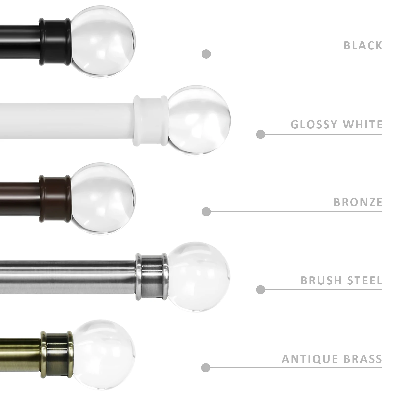 1 Inch Adjustable Heavy Duty Curtain Single Rod Set With Crystal Ball Finials, 28"-48", 48"-84", 84"-120"