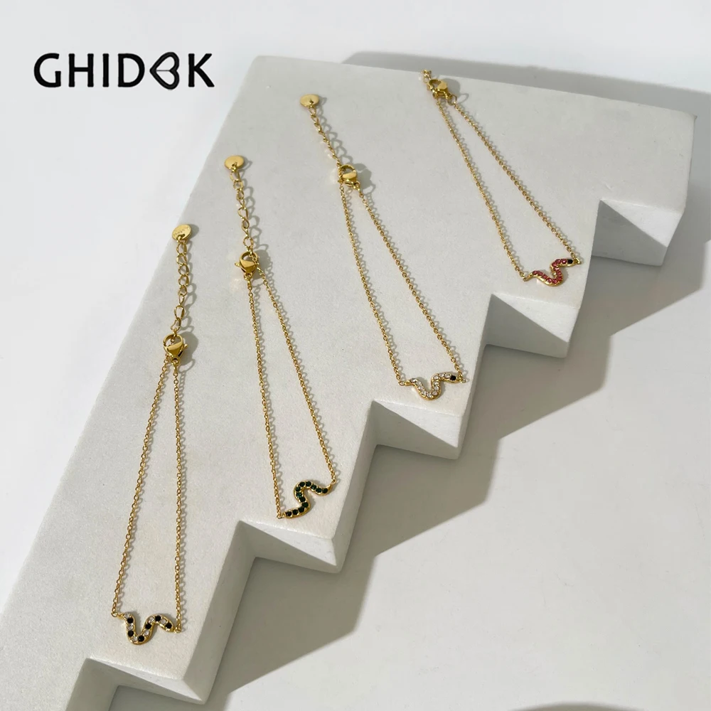 GHIDBK Multicolor Exquisite Cz Stone Minimal Snake Bracelet Stainless Steel Gold Pvd Plated Serpent Bracelets Animal Jewelry