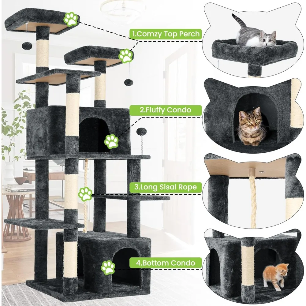 Menara Pohon Kucing Besar 69 Inci untuk Kucing Dalam Ruangan dengan Bola Gantung Mewah Lembut, Dua Kondominium, Tiang Goresan Sisal & Permainan Tali untuk Anak Kucing/Adu