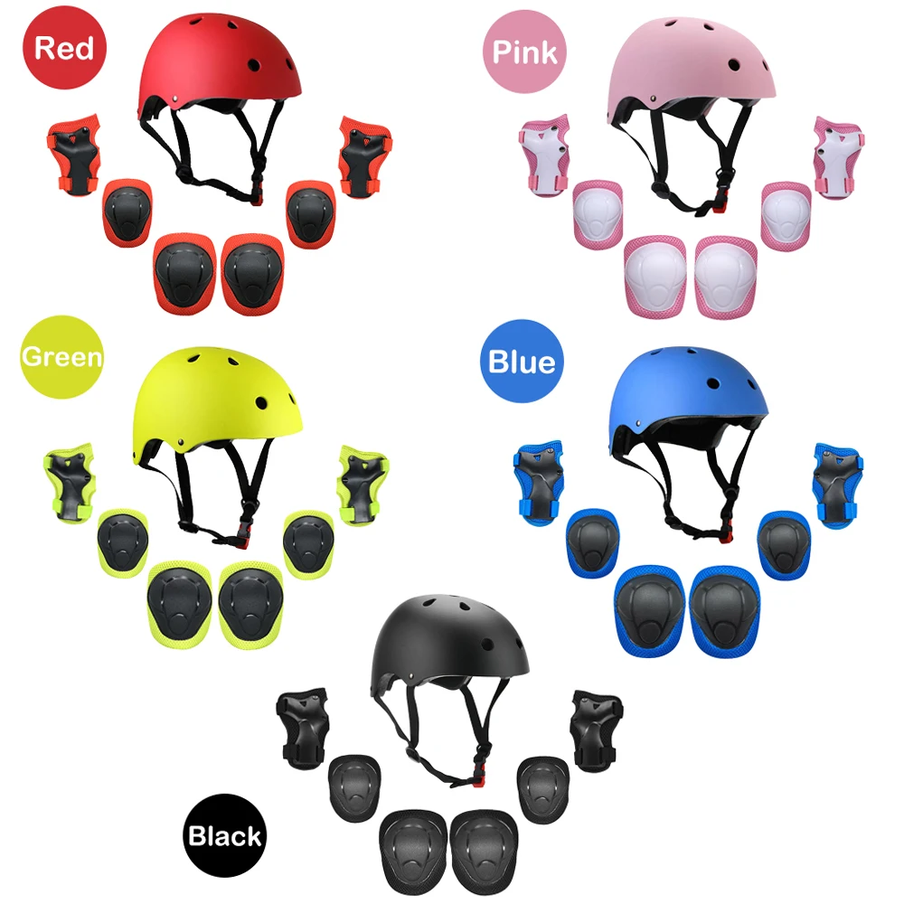 Kids 7 in 1 Helmet and Pads Set Adjustable Kids Knee Pads Elbow Pads Wrist Guards for Scooter Skateboard Roller Skating Cycling