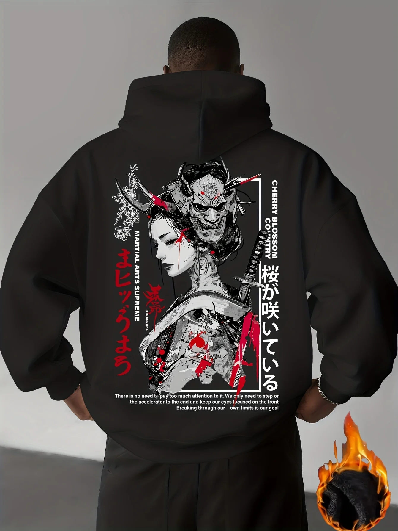 Cyber Japanese-style dark trend men's hooded sweatshirt, female warrior mask with sword and knife print. Unique street hoodie.