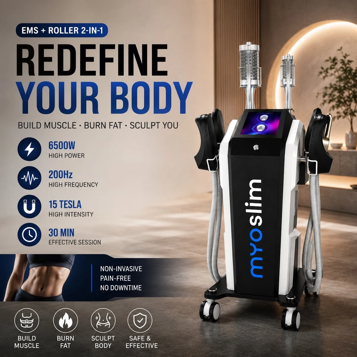 Body Contouring Machine MYOslim 6500W EMS Body Sculpt Equipment with 360 Degree RF Roller Massage Professional for Beauty Salon