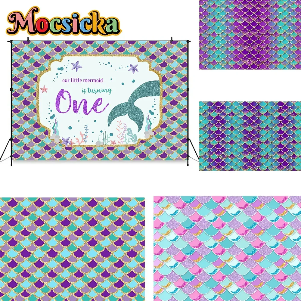 

Mermaid Princess Birthday Party Shiny Fish Scale Photography Background Newborn Sweet Girl Baby Shower Decoration Backdrop Photo