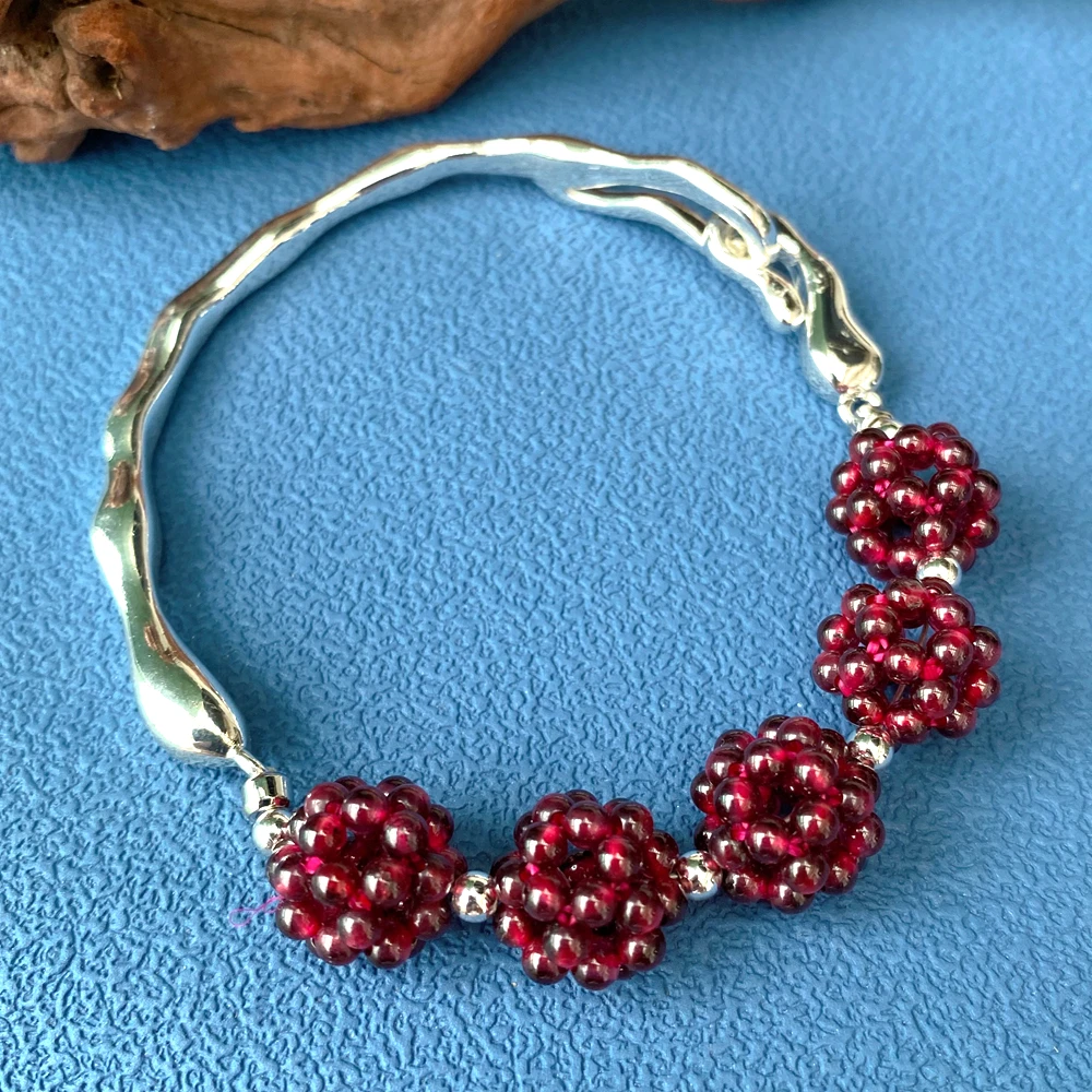 Y·YING Natural Garnet Bead Ball Bangle Bracelet Silver Tone Irregular Wavy Cuff Hand‑Woven Garnet Cluster Bead Bracelet