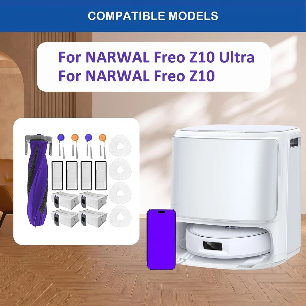 A83G-17PCS فرشاة دوارة فرشاة جانبية مماسح الوسادة مرشحات كيس لجميع الغبار ل Narwal Freo Z10 Ultra/Freo Z10 أجزاء المكنسة الكهربائية