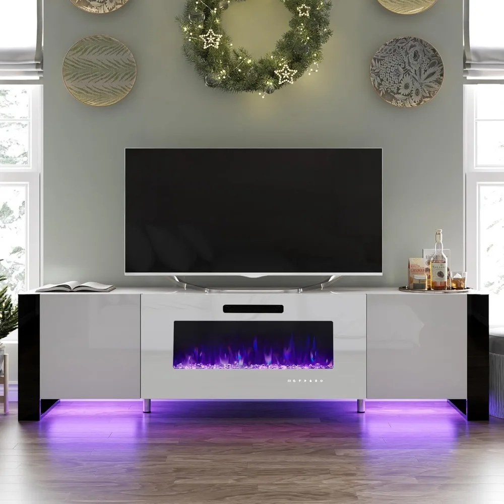 Electric Fireplace, High Gloss Entertainment Center with LED Lights, Modern Entertainment Stand for TVs up to 80