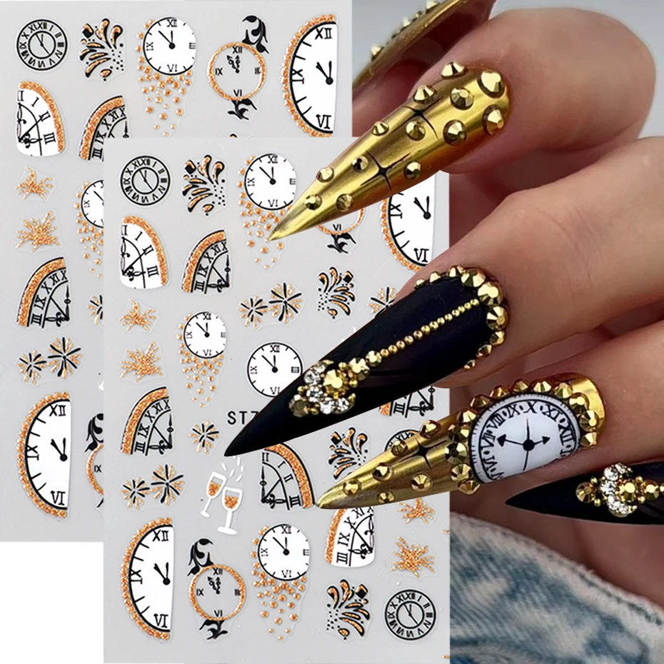 2 Stück schwarze goldene Uhr-Nagelkunst-Aufkleber, Weinglas und Feuerwerk, Design von festlichen Feiern, selbstklebende Maniküre-Aufkleber