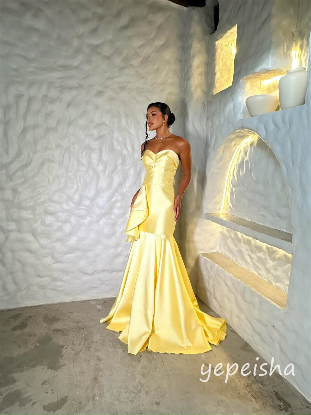 Personalizado modesto moda amarelo plissado ruched sereia sem alças vestidos longos vestidos de noite tamanhos disponíveis alta qualidade