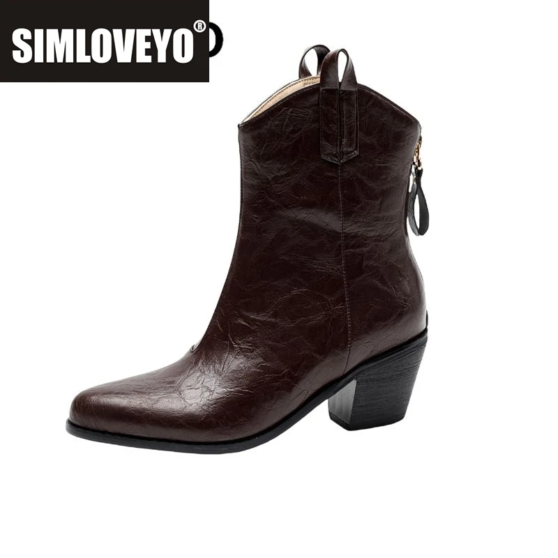 

SIMLOVEYO 2024, новые женские ботинки в стиле вестерн для отдыха, острый носок, блочные каблуки, 6 см, молния, большой размер 46 47 48, модные женские ботильоны
