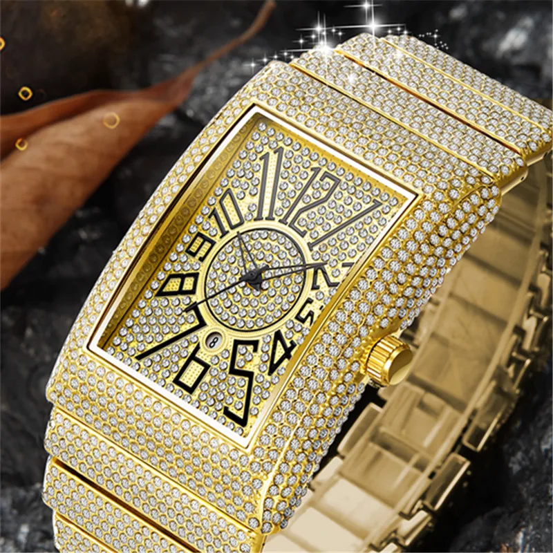 1pc / lot Original Big Brand Watches For Men Fashion Alloy Band Hip Hop Diamond Date Quartz Vintage Watch Golden Reloj Hombre