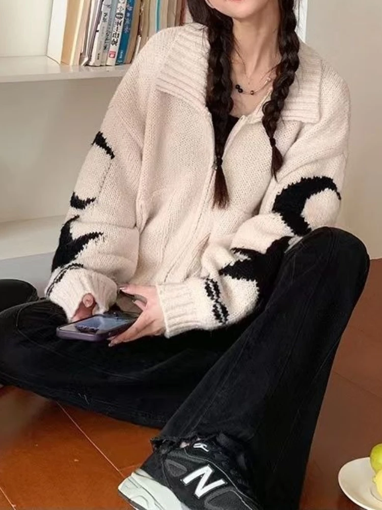 Deeptown Vintage Y2K Beige Star Jacquard Sweater Cardigan Women Harajuku Korean Style Oversize Zipper Jerseys Black Knitted Tops