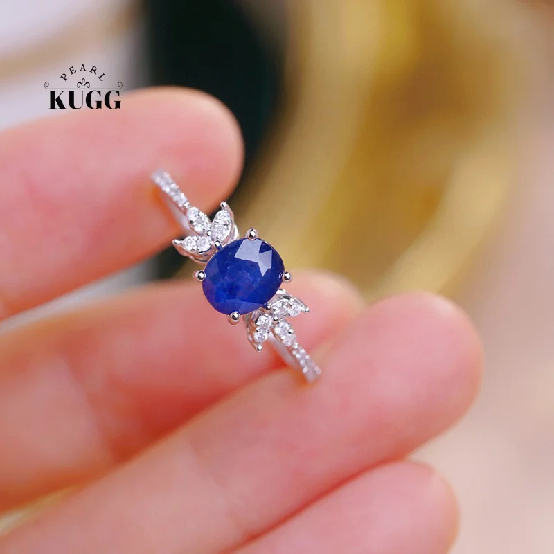 

KUGG 100% 18K White Gold Rings Elegant Shiny Design Shiny Diamond Natural Sapphire Engagement Ring for Women Wedding Jewelry