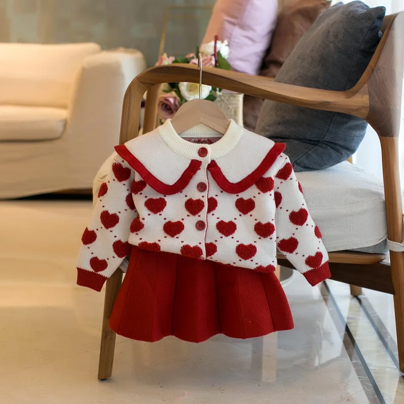 

Girls Autumn Heart Sweater Suits Cute Doll Collar Long Sleeve Knitted Cardigan + Red Pleated Dress 2 Pieces Sets Child Clothing