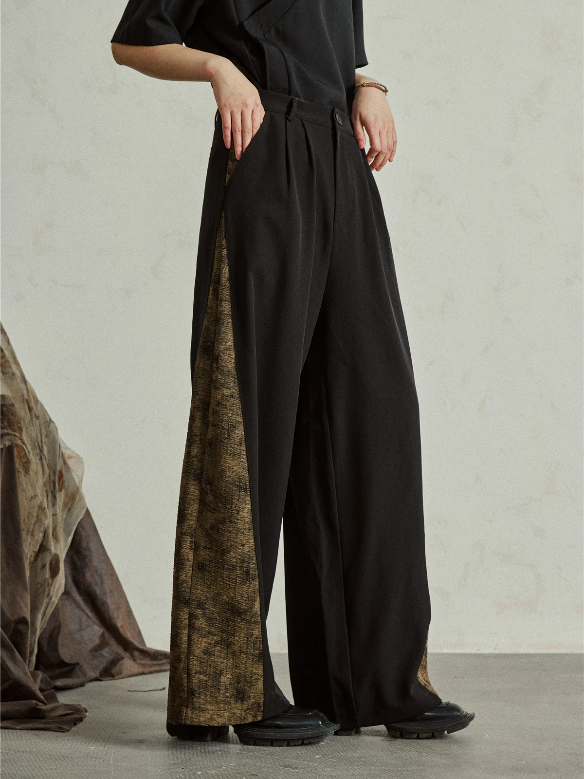 Sunyvonne Vintage Color Block Pleated Wide Leg Pants High Waist Casual Trousers Original Design Polyester Fiber Neutral Fit