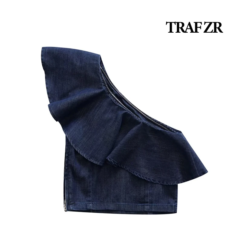 TRAF ZR Casual Denim Tank Top Asymmetric Ruffled Neckline Side Zipper  Womens Tops Wide Straps Camis Comfy Off Shoulder