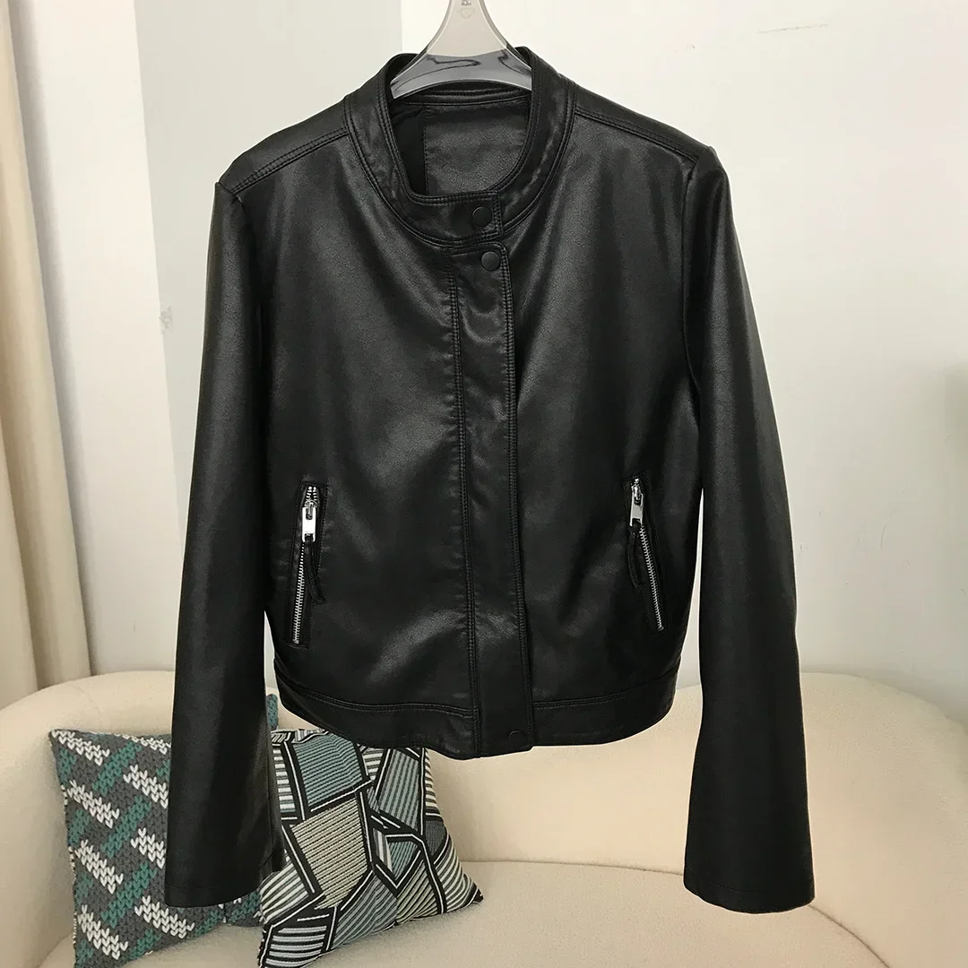 2024  Faux Leather Coat Female Short Casual Motorcycle Artificial Leather Jacket Autumn Fashion PU Leather Blouse Simple Fashion