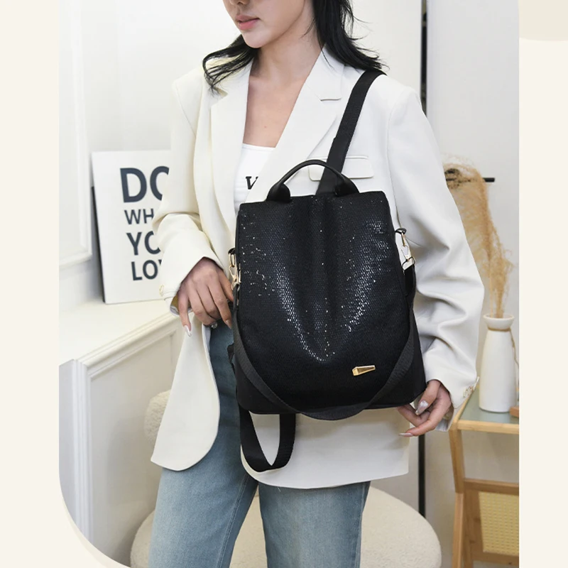 Mochila escolar con lentejuelas negras para mujer, mochila cuadrada Vertical informal de gran capacidad para exteriores, versión coreana, nueva tendencia