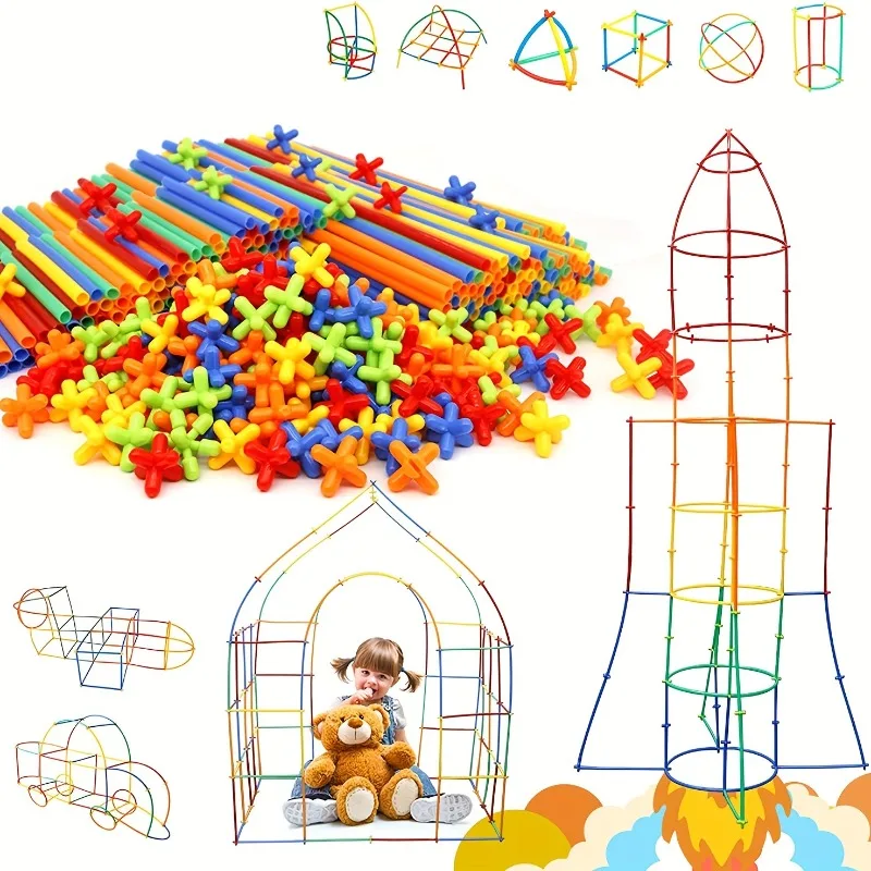 100pcs Straw Constructor Toys STEM Building Toys Interlocking Plastic Thin Tube Building Blocks Educational Toy for Boy and Girl