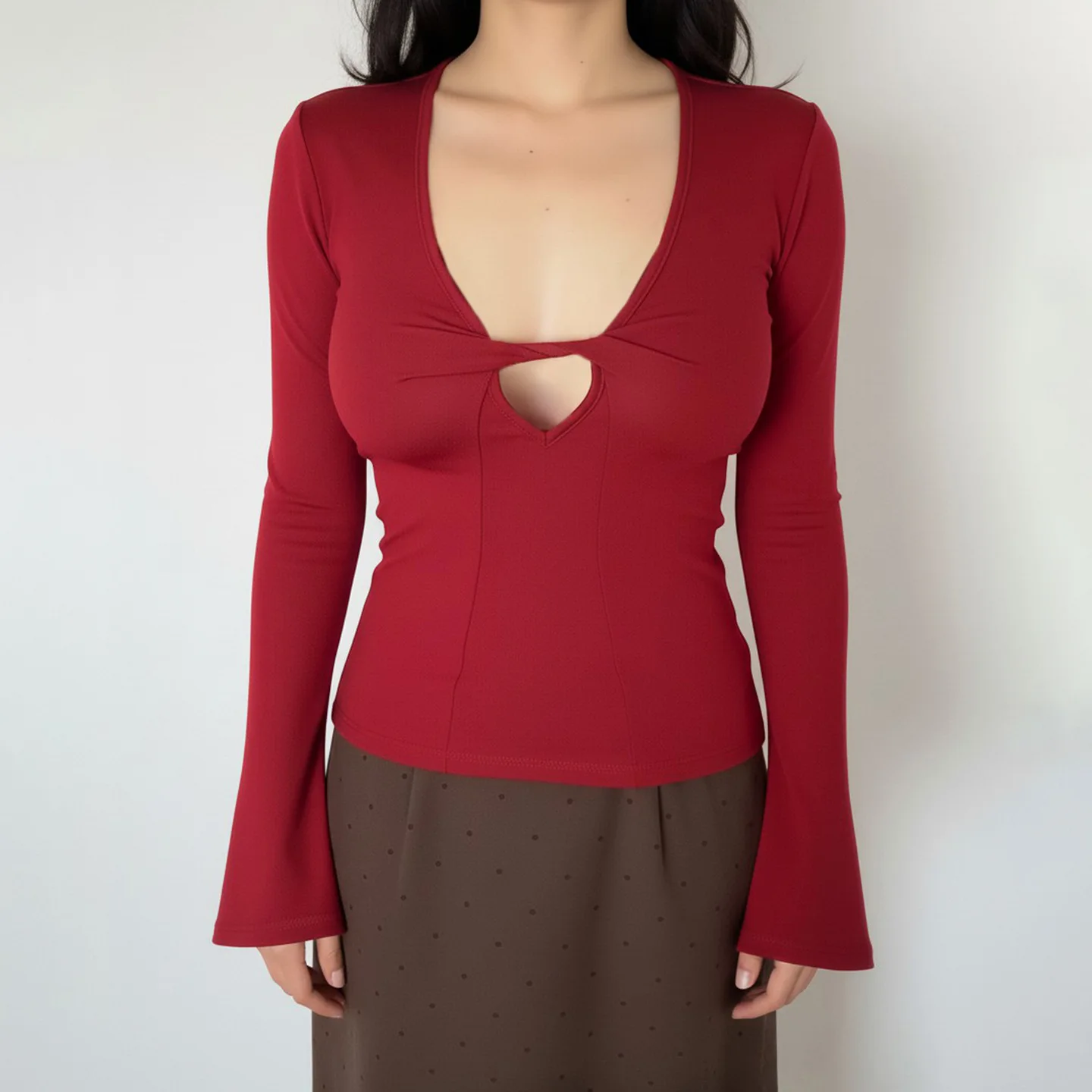 

Red Deep V-neck T-shirt For Spicy Girl Autumn Winter Hollow Out Long Sleeve Base Tees American Fashion Women Sexy Slim Fit Top