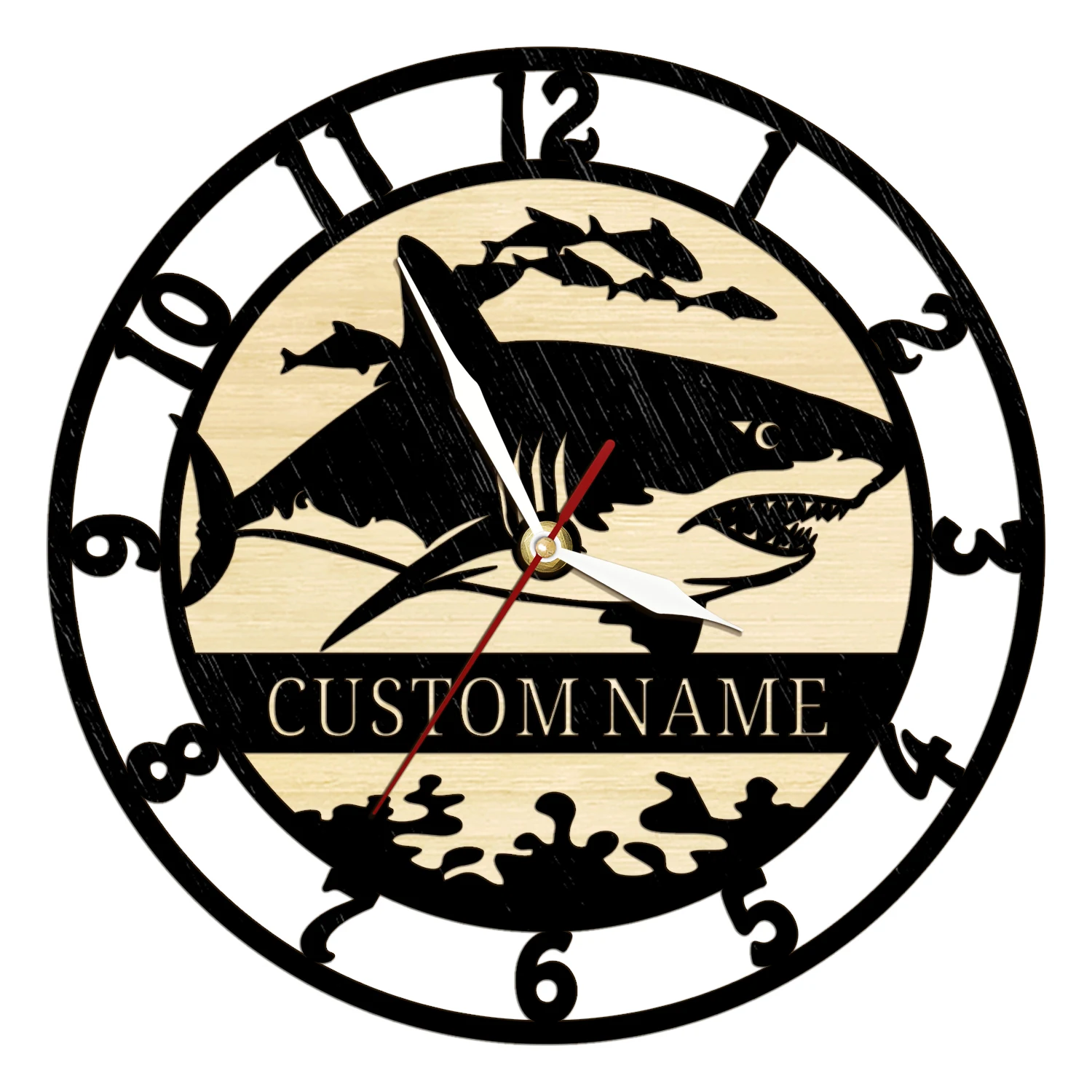 Laser Cut Deep Sea Shark Wooden Wall Clock with Personalized Name Underwater Ocean Rustic Timber Home Decor Custom Wood Clock