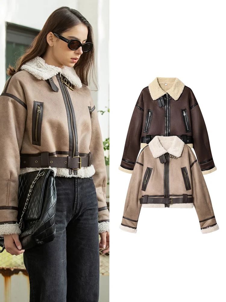 

TFMLN Women Faux Lamb Leather Fur Short Jacket With Belt New Chic Short Thick Warm Zipper Pocket Street Winter Ladies Outwear