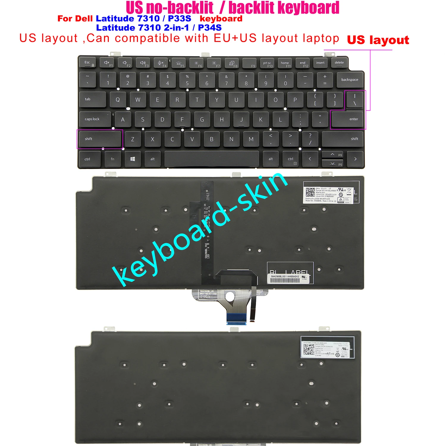 Nuova tastiera US No-retroilluminata/retroilluminata per laptop Dell Latitude 7310 P33S,7310 serie 2-in-1 P34S