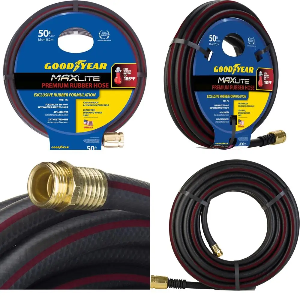 

50-Foot 5/8-Inch Diameter Premium Rubber Garden Hose, Black, Durable and Long-Lasting for Outdoor Watering Needs