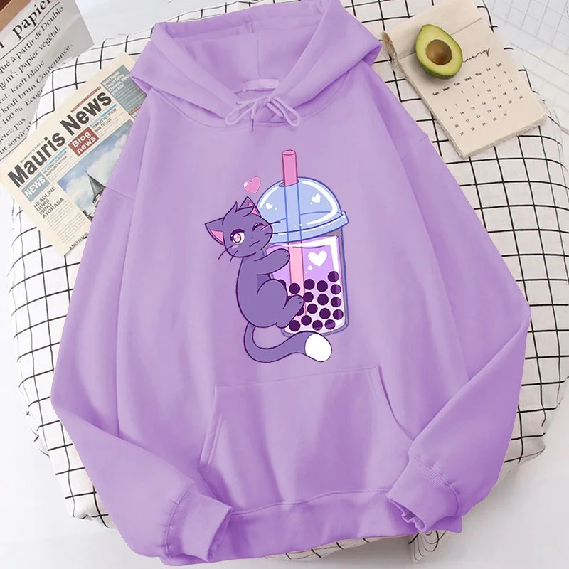 New Cat Boba Tea Pattern Print Hoodies For Women Fashion Casual Sports Sweatshirts Ladies Pullovers Tops