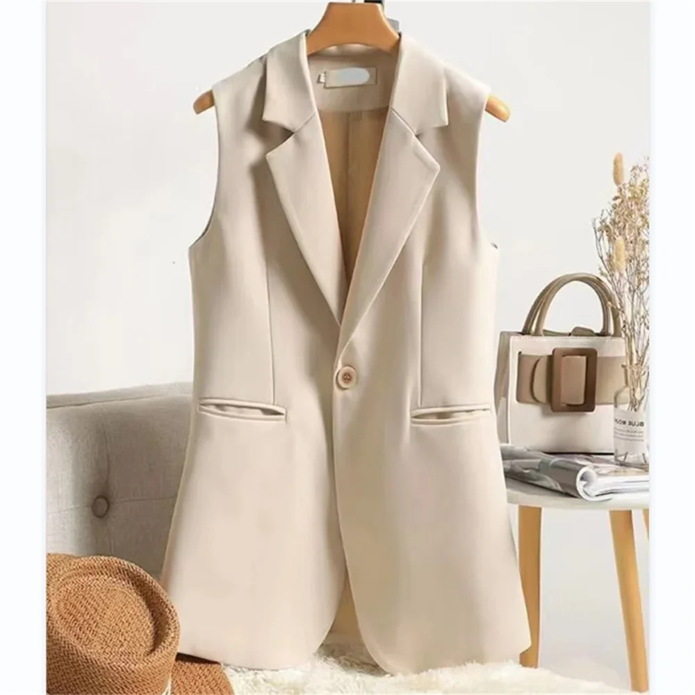 

Women's Beige Sleeveless Suit Vest 2024 Spring Autumn Loose Coats New Design High Quality Waistcoat For Women Black Blazer Vests