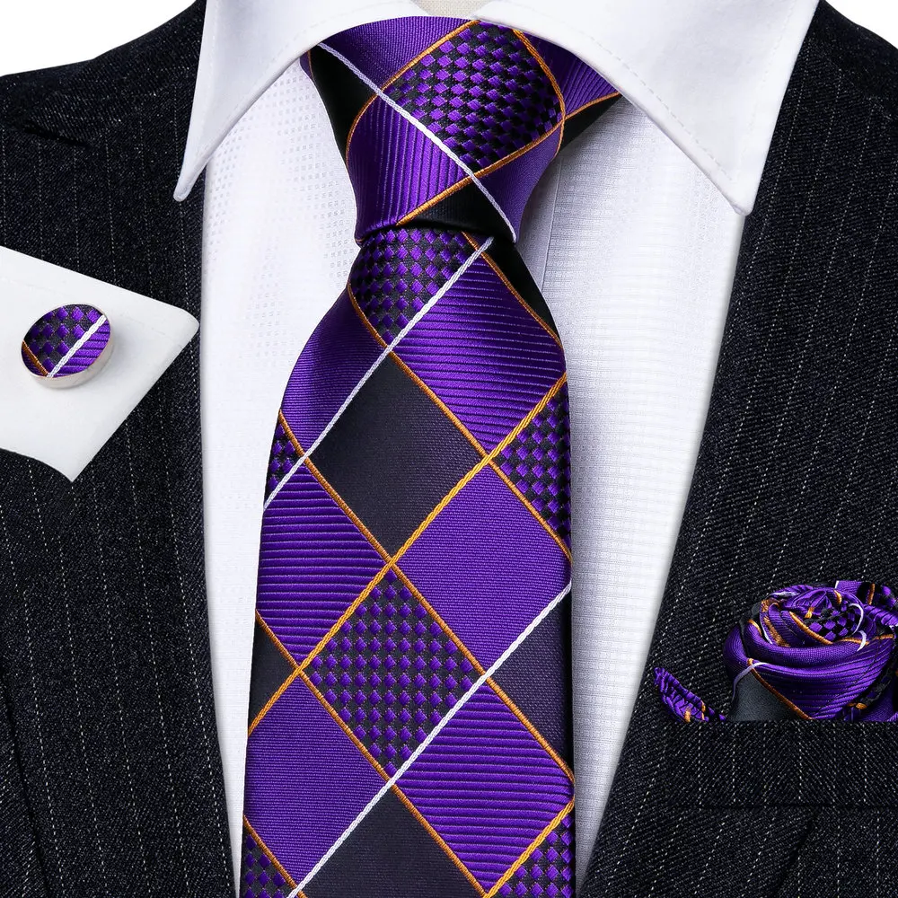 Dark Purple Plaid Silk Men Tie High Quality Pocket Square Cufflinks Set Fashion Suit Necktie Business Party Gift Barry.Wang 5287 images - 6