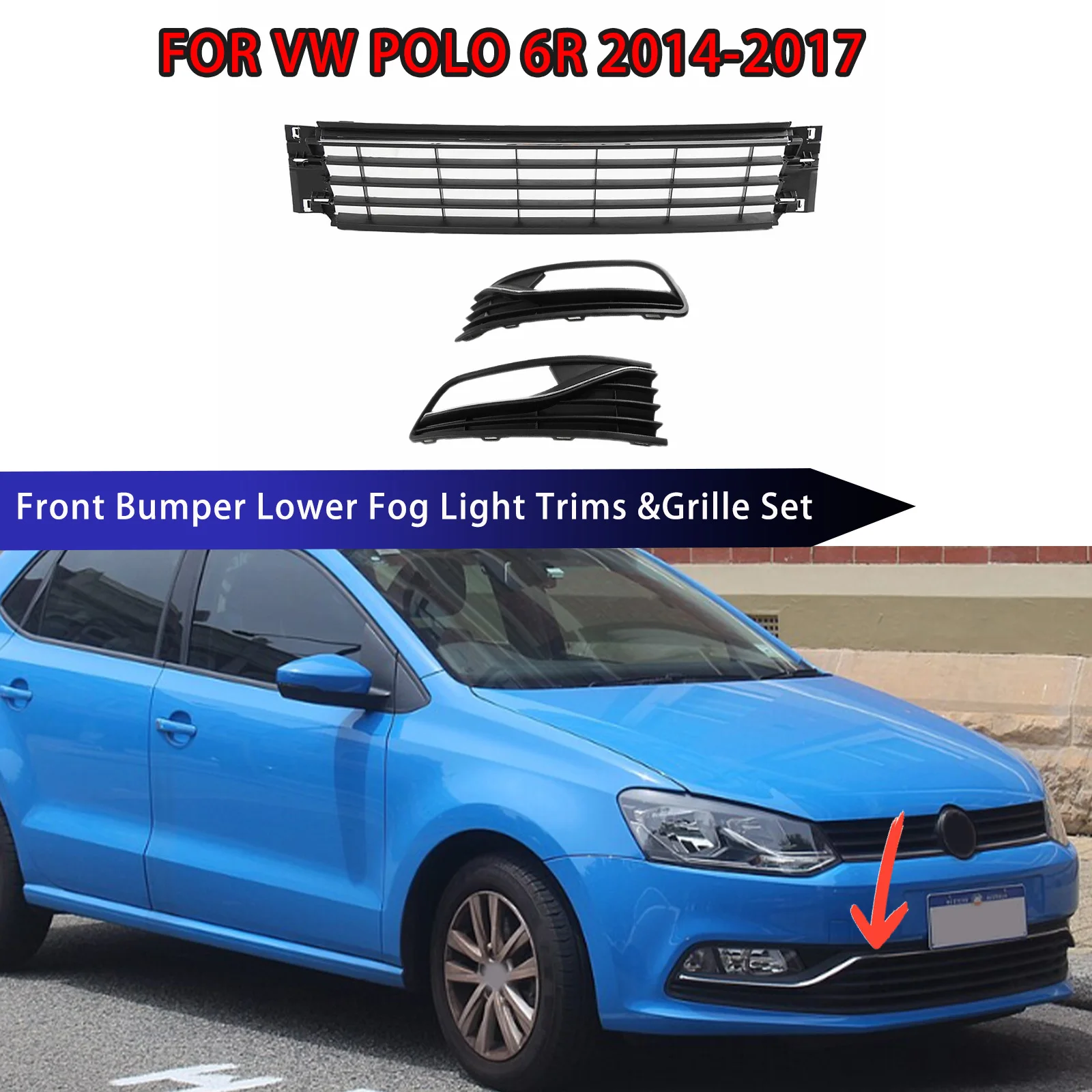 

Для VW POLO 6R 2014-2017 передний бампер автомобиля, нижние накладки противотуманных фар + центральная гоночная решетка, комплект внешних аксессуаров, АБС-пластик