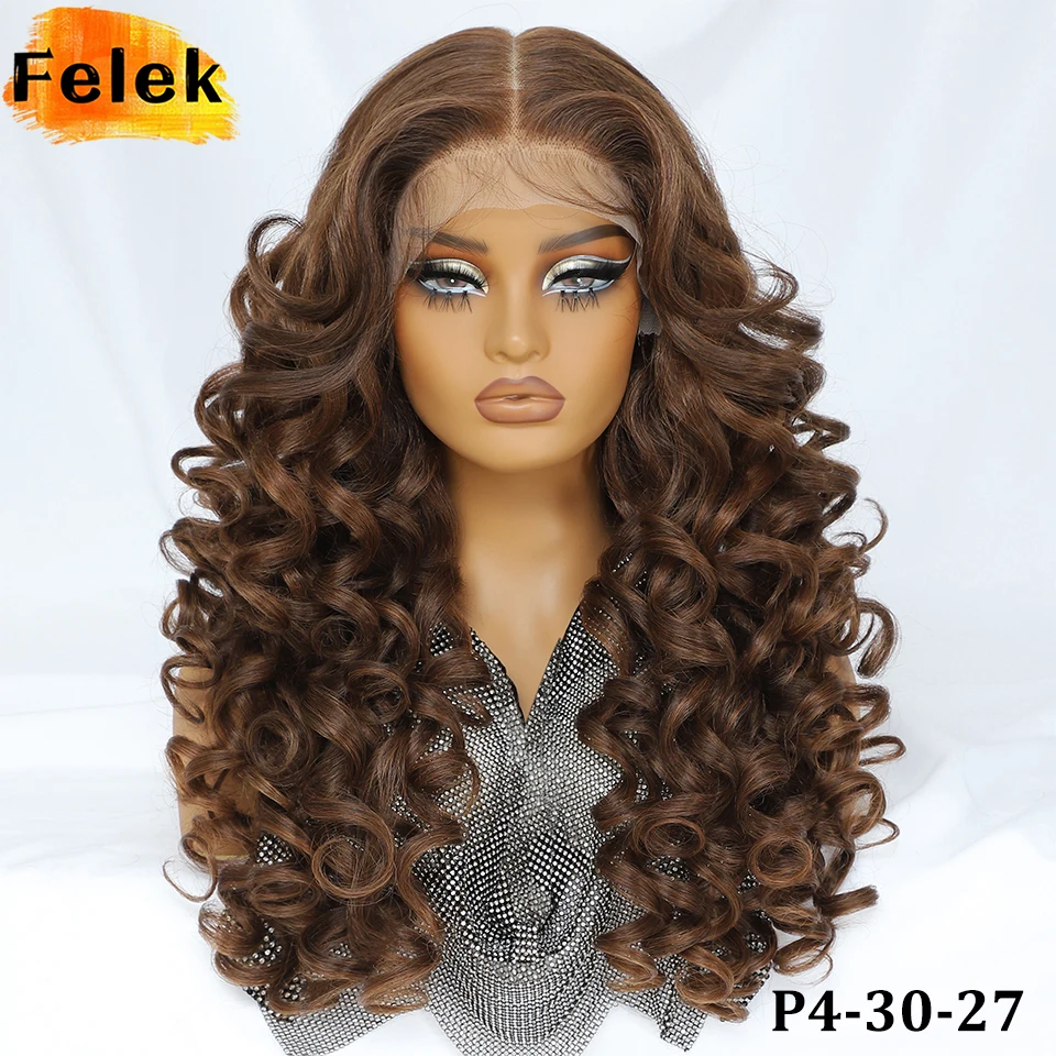 

Chocolate Brown 13x6 Lace Wigs Latisha Glueless Synthetic Lace Frontal Wigs With Natural Preplucked Hairline Halloween Curly Wig
