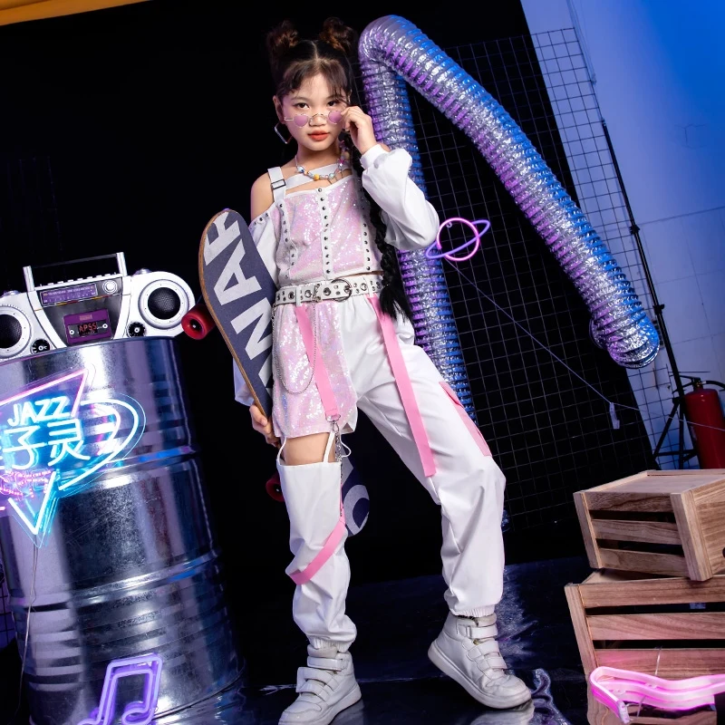 

Pink Sequins Hip Hop Clothes Girls Kpop Clothing Jazz Dance Costume Street Dance Performance Outfit Tops Cargo Pants DL11236