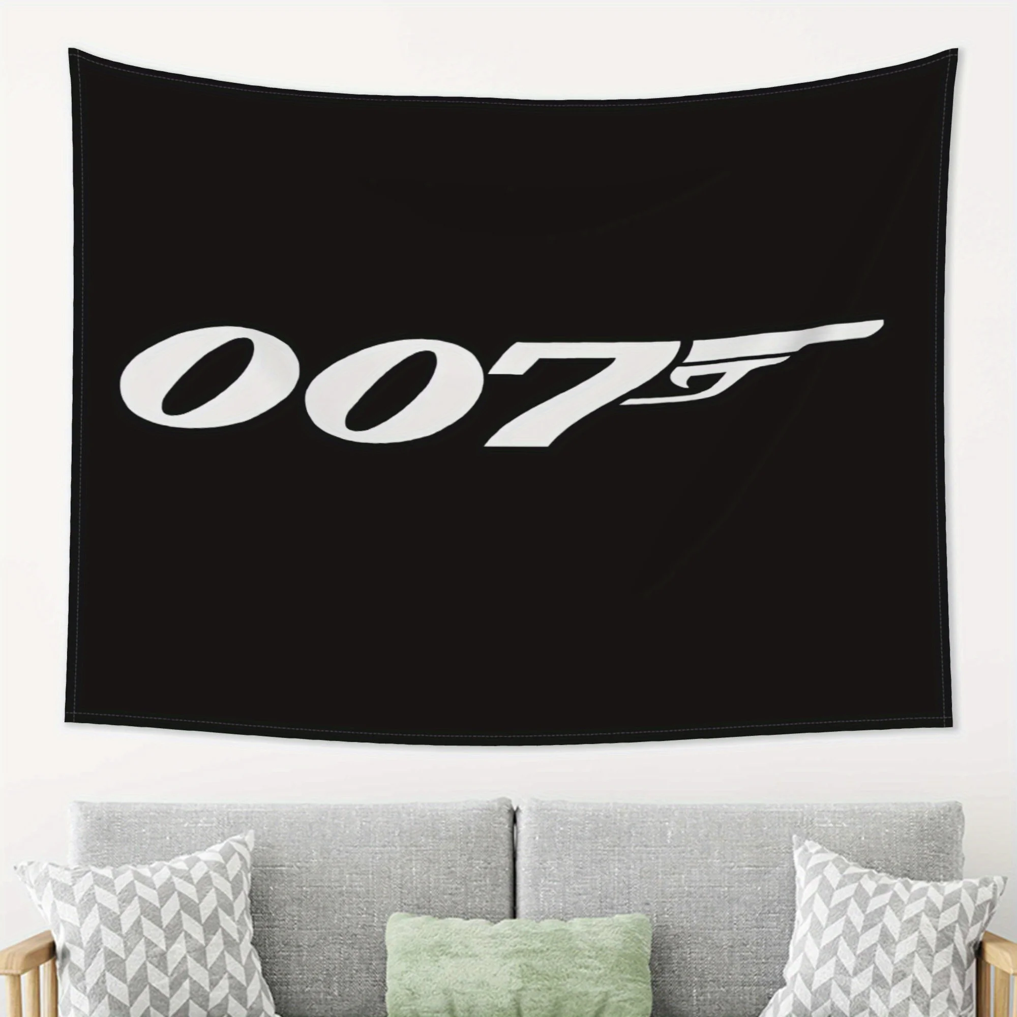 007 Themed Black Tapestry with Golden String Lights - Soft Polyester Fabric, Ideal for Living Room, Bedroom, or Office Decor