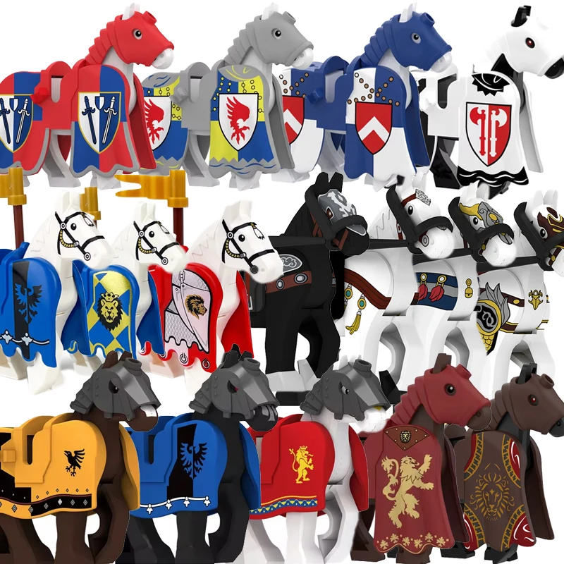 MOC Medieval Building Block Crow Black Eagle Red Lion Castle Knight Soldier Horse Mount Roman Flag Shield Armor Accessories Toy