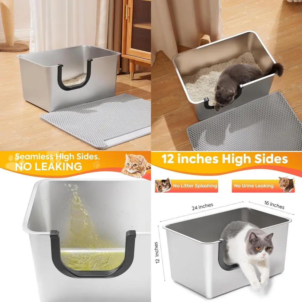 

Большой лоток для кошек из нержавеющей стали с 12 высокими бортиками для легкого удержания мочи и наполнителя, подходит для котят и пожилых кошек.
