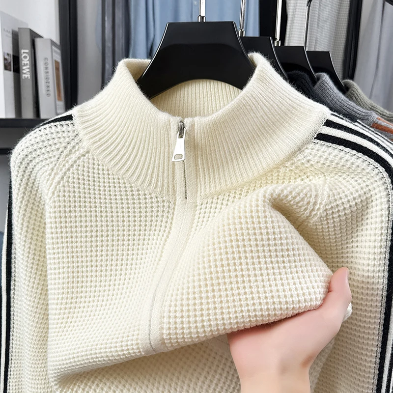 Modischer Herbst-Winter-Strick-Cardigan, Designer-Marke, Klassisches Gestreiftes Design, Herren-Reißverschluss-Stepphals, Neuer Koreanischer Lässiger Pullover-Mantel – Detail 14