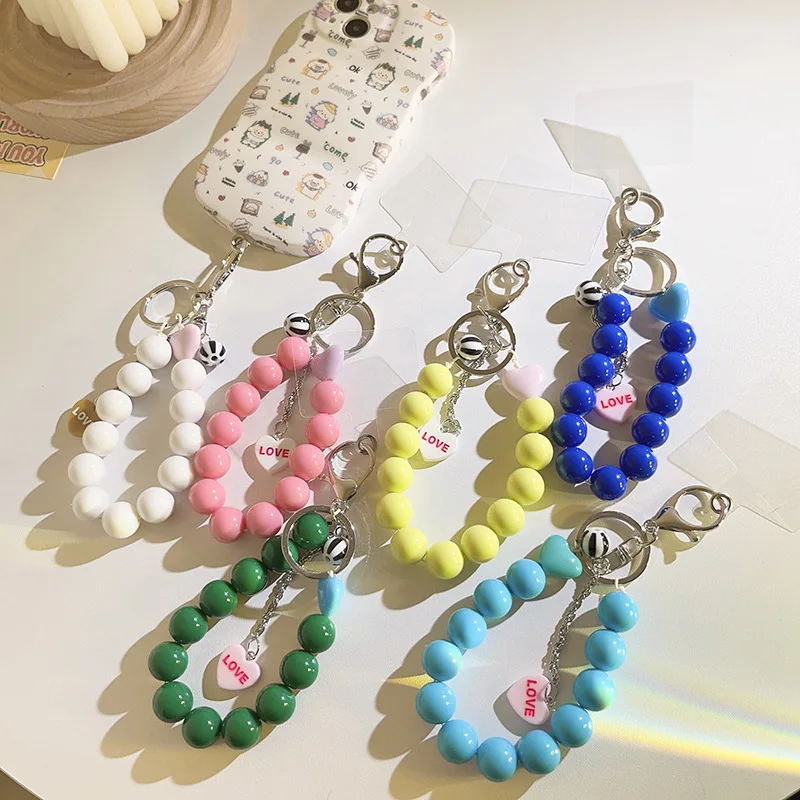 Korean Cute Love Heart Beaded Colorful Phone Bracelet For iPhone Accessories Anti-Lost Chain Lanyard Hanging Cord Sweet Gift