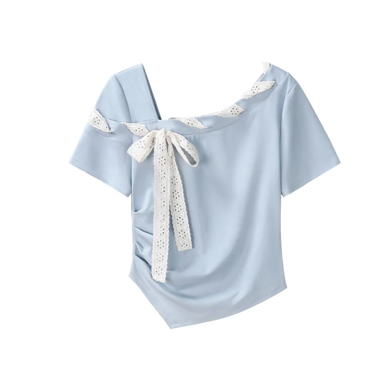 

ALXNAN синяя женская футболка на шнуровке с бантом и асимметричным вырезом, летние хлопковые облегающие топы с короткими рукавами, женские L55119-1