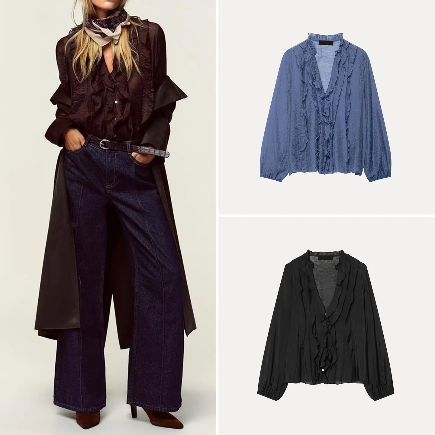 

2025 Winter New Women's Long Sve V-Ne Multi-Color Layered Decorated irt Loose Fit Regular Length Daily Wear Button Clo...