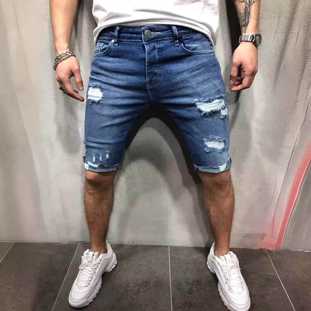 Summer Ripped Jeans Skinny Denim Shorts for Men with Distressed Ripped Cat Whiskers Hip Hop Streetwear Short Pants Men's Pants