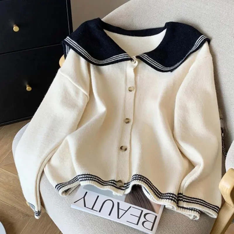 Preppy Style Sailor Collar Sweaters Female Clothing Loose Fashion Spliced Autumn Winter New Commute Long Sleeve Knitted Cardigan