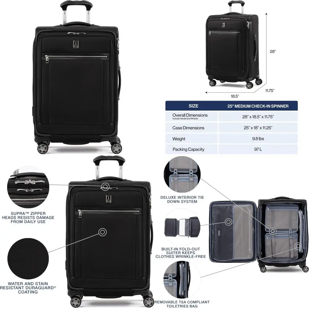 حقيبة أمتعة دوارة قابلة للتوسيع ذات 8 عجلات بقفل TSA حقيبة جانبية للرجال والنساء ظل أسود بسعة كبيرة للسفر