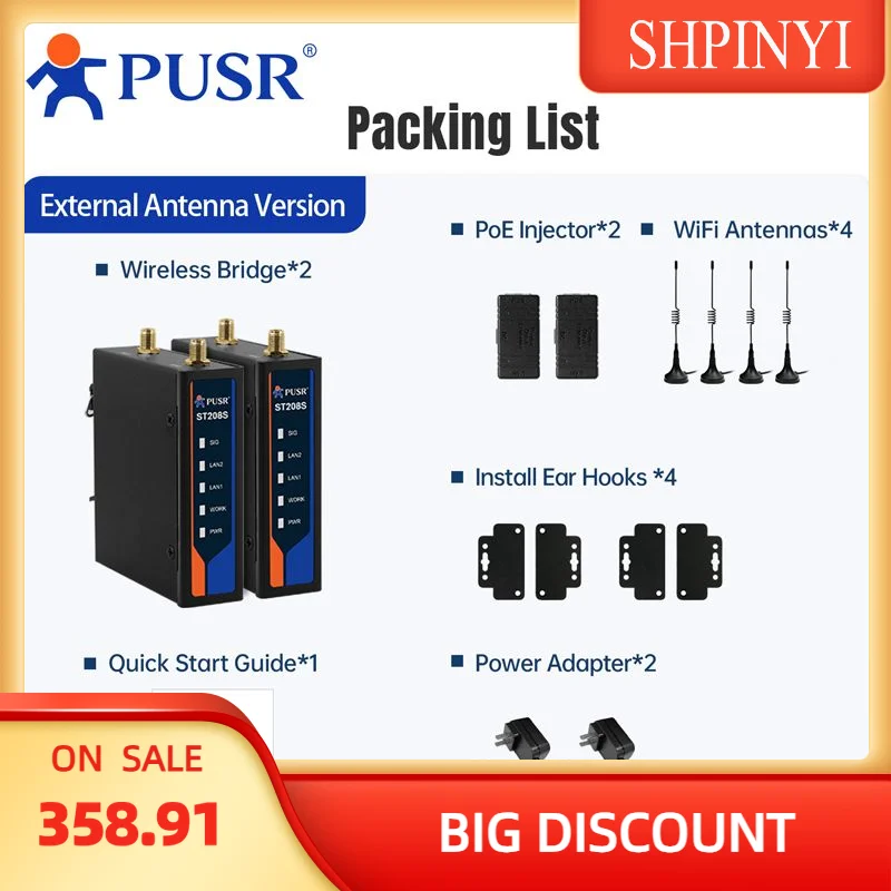 PUSR Industrial 2,4 GHz Point to Point 500 m Wireless Bridge für SPS Qualcomm Plug and Play 2er-Pack Externe Antennenversion ST208S