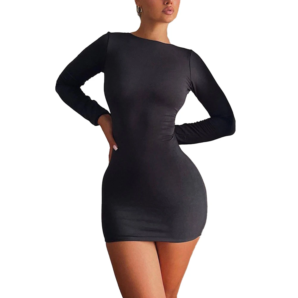 Abito da festa caldo Abito con copertura dell'anca Manica lunga Girocollo Sexy Slim Tinta unita Temperamento Donna Backless Femminile