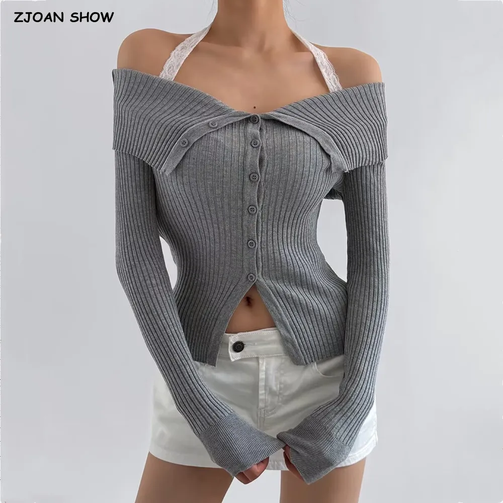 

Модный укороченный кардиган CHIC с открытыми плечами, ажурной вязкой в рубчик, на пуговицах, с кружевными вставками, свитер-халтер, женский джемпер, трикотаж