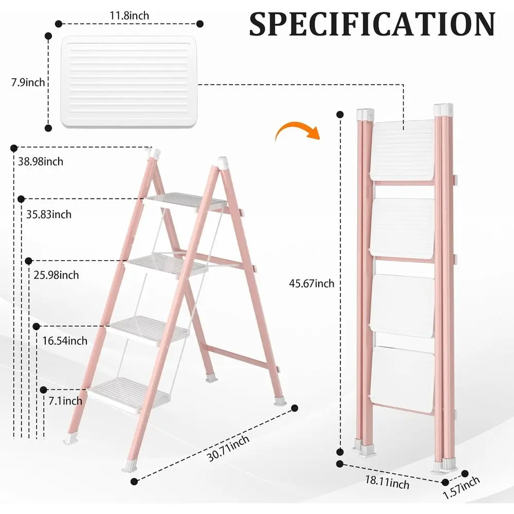 سلم محمول قابل للطي مع مشطات مضادة للانزلاق، إطار فولاذي متين، مثالي للمنزل والمكتب، وردي وأبيض