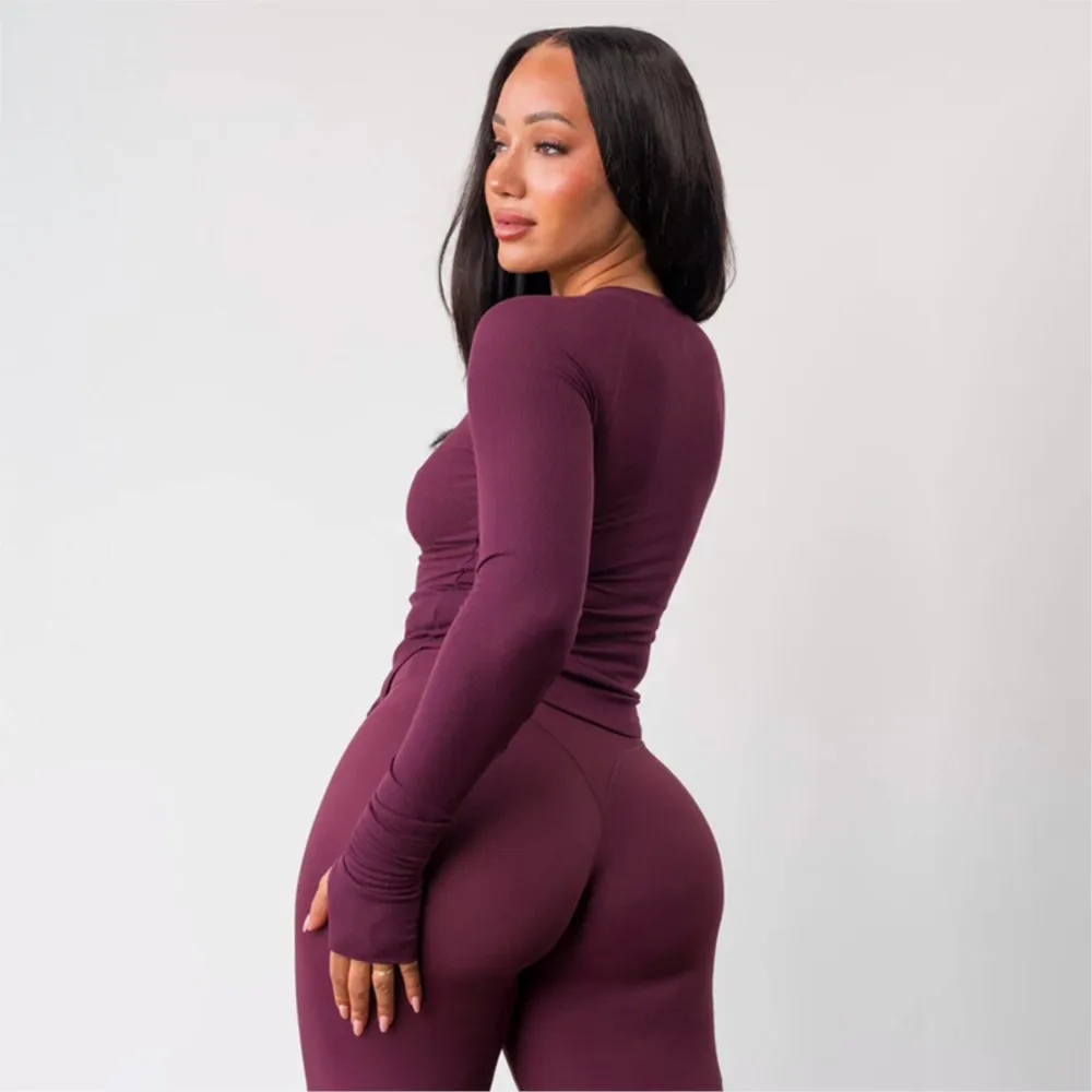 Girocollo raglan con bottoni, orlo curvo, top con strisce per dita, stile semplice, tutto-fiammifero, tinta unita, sottile, confortevole, casual, alla moda