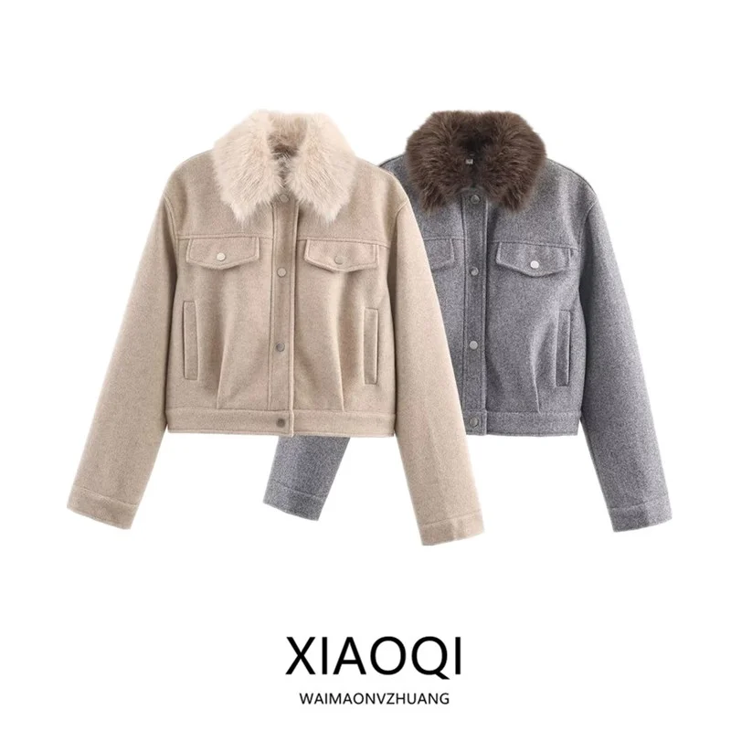 Fall Winter Women's Fashion Design Long Sleeve Jacket Short Coat with Fur Collar Two Colors Versatile Style Commute Wind
