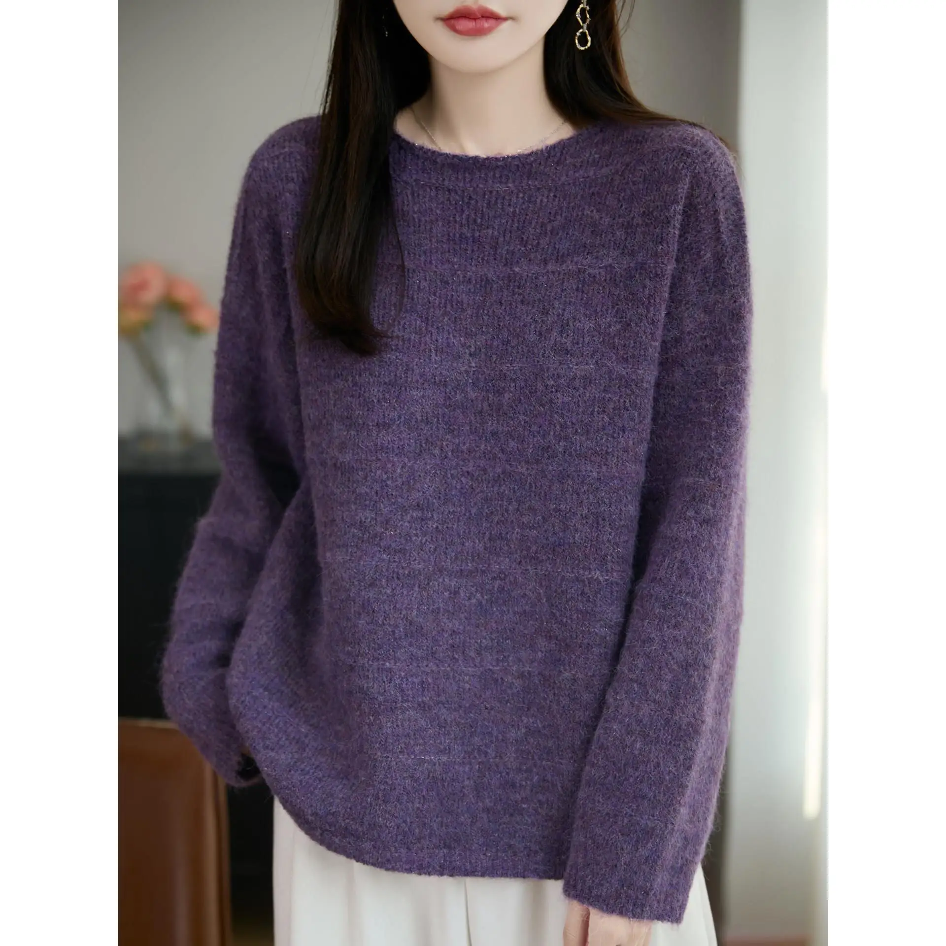 Casual round Neck Knitted Sweater Women's Long Sleeve Overhead Pure Color Versatile Top Soft Knitwear Loose Fit Daily Wear